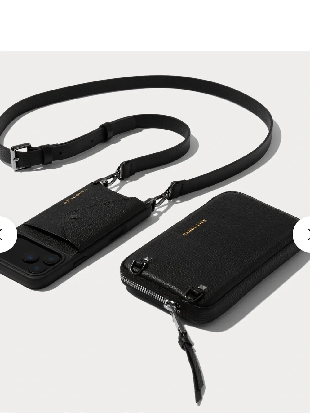 Bandolier Hailey Pouch Set - Black Leather w/gunmetal hardware.  iPhone16pro max
